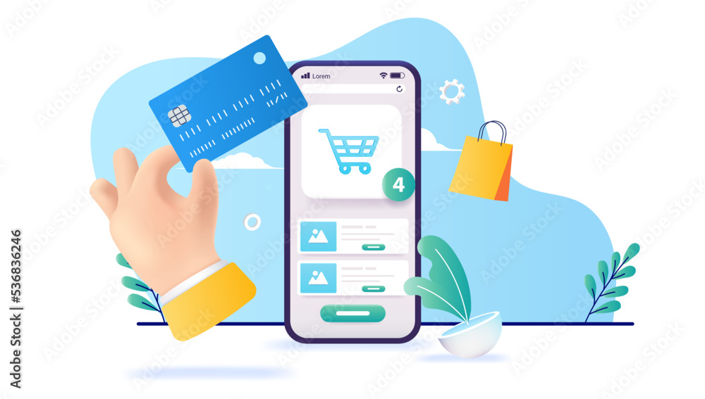 Poster web shop on mobile phone - shopping on online store with credit card. vector illustration with white
