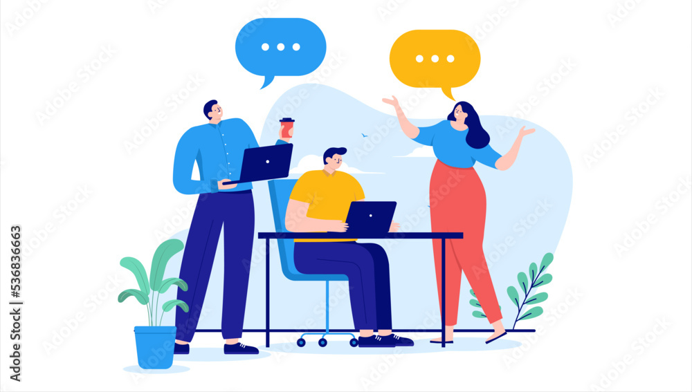 Leinwandbilder Office talk - People talking and having conversation at work, smiling and enjoying chit chat. Flat design vector illustration with white background