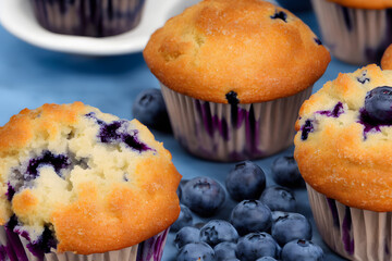 juicy and yummy blueberry muffins, a high calorie baked food , sweet and sugary