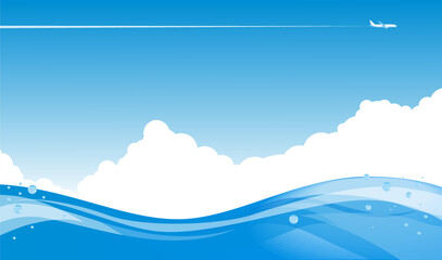 Sea wave with white clouds in blue sky above it. Summer marine landscape. Vector