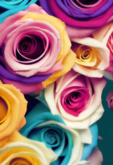 Fototapeta na wymiar colorful roses bouquet closeup arrangement, mixed digital illustration and matte painting