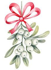 Christmas mistletoe bouquet with with white berries and a red bow. Watercolor  hand painted illustration isolated on white background