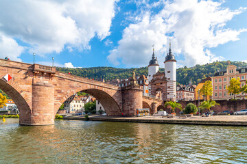 The Karl Theodor Bridge, commonly knows as the Old Bridge, and the Bridge Gate along the Neckar...
