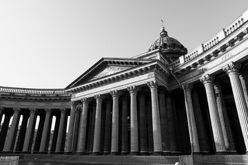 View of the Kazan Cathedral in St. Petersburg, Russia. Black and white photo.