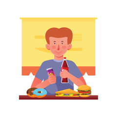 Boy eating junkfood illustration, drinking soda