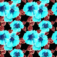 Seamless watercolor pattern with flowers. Blue flowers on a black background.