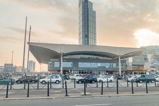 Warsaw, Poland - August 14, 2022: Warszawa Centralna railway station, primary railway station in Warsaw at sunset time.