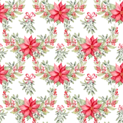 Schilderijen op glas Christmas holiday seamless pattern with poinsettia flowers, mistletoe and holly berries. Watercolor hand painted botanical background, retro floral festive wallpaper © MarinadeArt