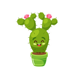 Cute Cactus In Flowerpot, Kawaii Succulent Character With Flowers And Spikes, Isolated Mexican Floral Personage
