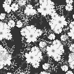Full seamless floral pattern with daisies on a black white background. Vector for textile fabric print. Great for dress fabrics, wrapping, textures, backgrounds.