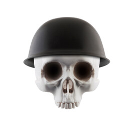 Human skull with military helmet isolated on white background with clipping path