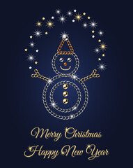 Pre-made greeting card design with snowman juggling little shiny sparkle stars. Snowman made of golden and silver jewelry chains. Text Happy New Year, Merry Christmas.