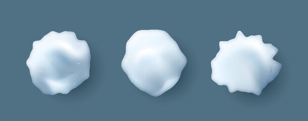 Realistic snow splats. Winter children games snowballs, Christmas holiday fun, snow fight splats