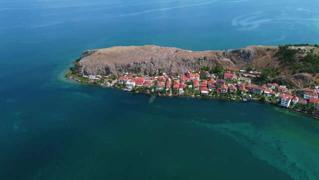 Birds eye view of a coastal town located on the shore of lake Ohrid, Albania