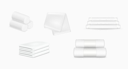 White fabric towel for bathroom, shower, kitchen or beach. Realistic set of clean fluffy cloth towel