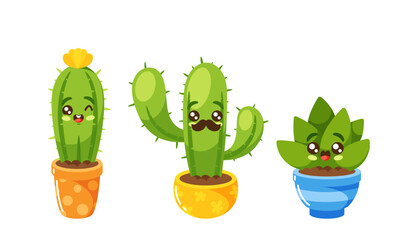 Cute Cacti In Flowerpots, Cactus With Flowers, Mustaches And Kawaii Faces. Cute Succulent Plants Characters Collection