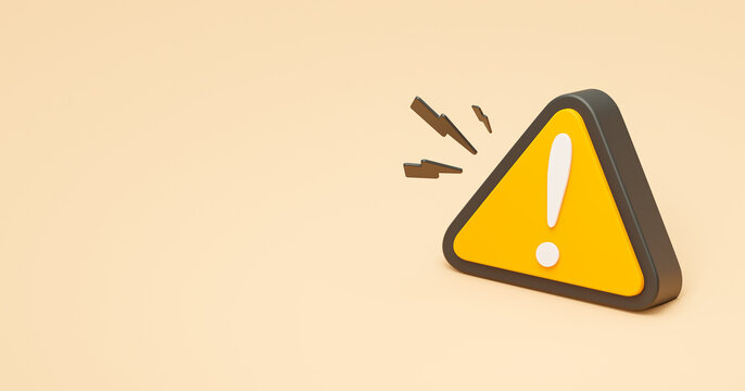 Yellow 3d triangle warning symbol icon  yellow background. Error alert safety concept.  Hazard warning attention sign. 3d rendering illustration with empty space.