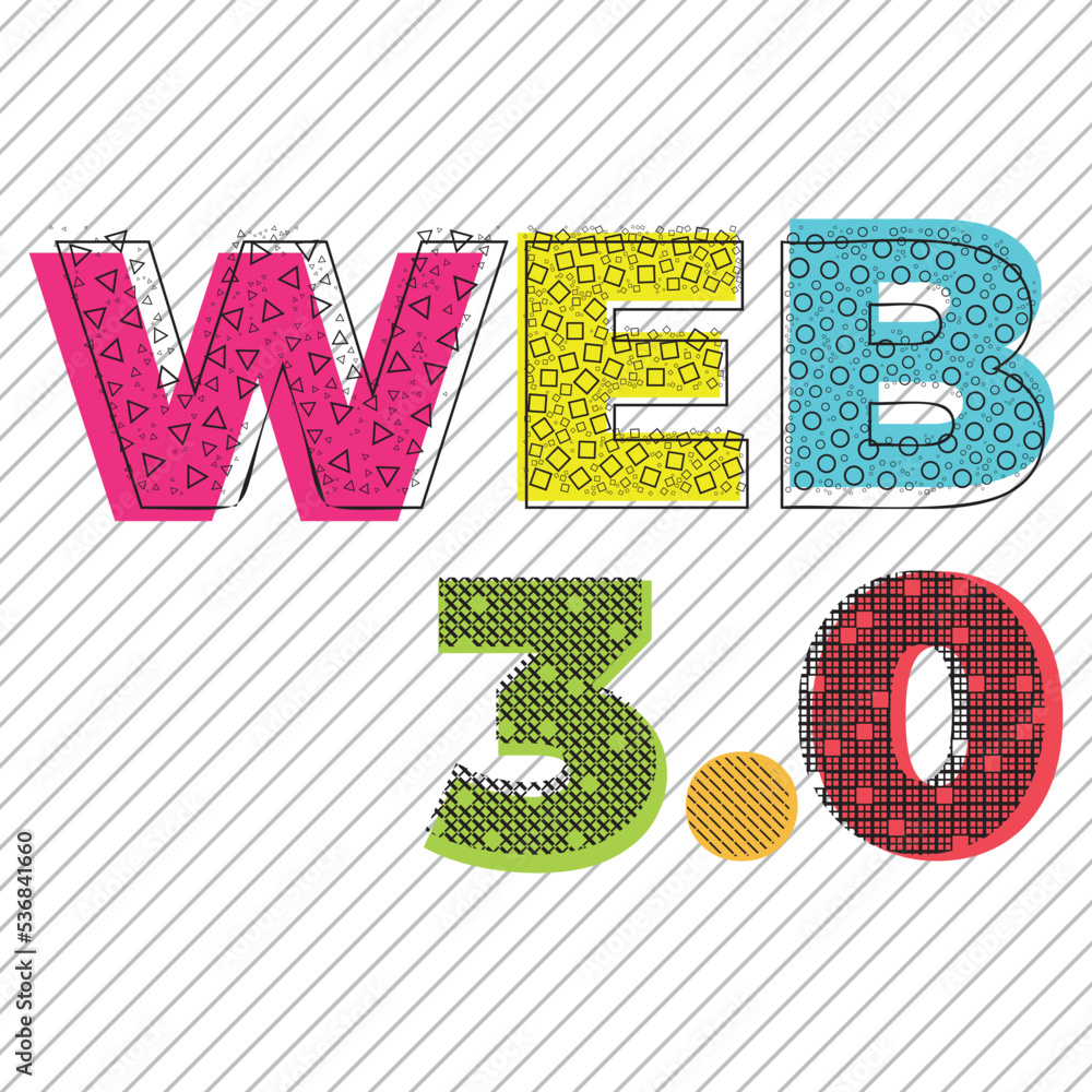 Poster multicolored typography made from different shapes on striped background. web 3.0 is a new generatio