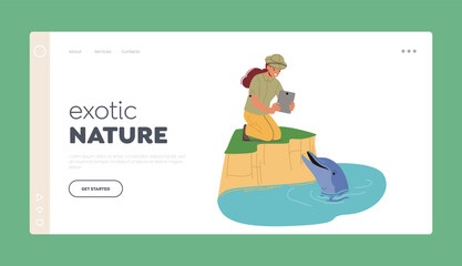 Exotic Nature Landing Page Template. Ocean Fauna Scientist or Zoologist Female Character Photographing Dolphin