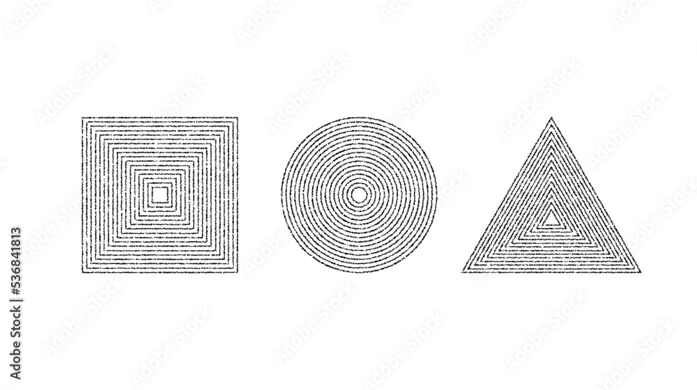 Poster dotted grainy shapes set. stippled square, circle and triangle. grain noise geometric forms. stochas
