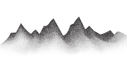 Grain stippled mountains. Dotted landscape and terrain. Black and white grainy hills in dotwork style. Noise stochastic background. Pointillism textured wallpaper. Grunge vector