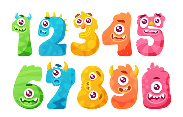 Obraz premium Cute Monster Numbers One, Two, Three, Four, Five, Six, Seven, Eight, Nine And Zero. Funny Kid Decorative Digit Elements