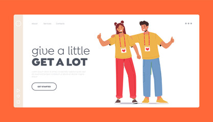 Happy Volunteers Team Landing Page Template. Characters From Social Charity Service Stand Together. Joyful Man And Woman - Powered by Adobe