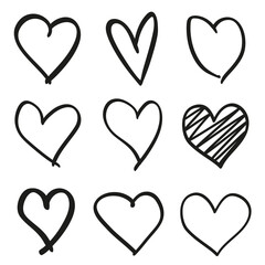 Hand drawn grunge hearts on isolated white background. Set of love signs. Unique image for design. Black and white illustration. Elements for design