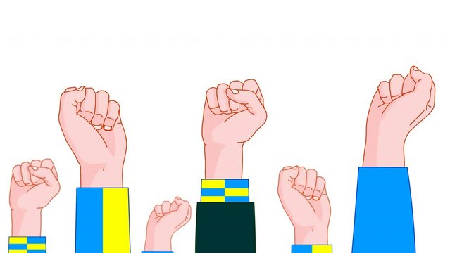 Blue yellow fist hands. Animated up air punch. Team fans. Ukraine, Brazil, Sweden, Parma, Fenerbahce Boca juniors. Human rights, equality, freedom, protest. Country, sport. Footage animation video