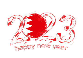 2023 Year in grunge style with flag of Bahrain.