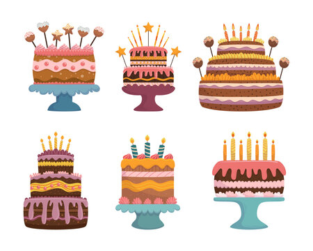 Set of Festive Birthday Cakes with Candles and Decoration. Holiday Bakery for Party or Anniversary Celebration, Sweets