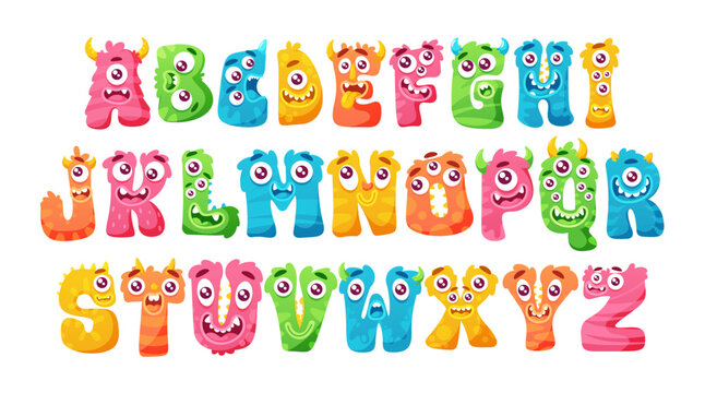 Monster Abc, Funny Halloween Kids Decorative Type Set, Cute Hairy Letters With Face Emotions, Colorful Childish Font