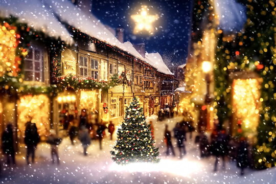 winter  city ,Christmas tree blue ball  festive golden  decoration , snowy stree in medieval old town greetings card template copy space wallpaper