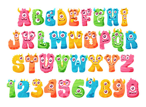 Halloween Monster Abc, Funny Kids Decorative Lettering. Cute Letters And Numbers With Emotions, Fairy Tale Type Set