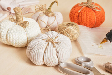 creating DIY Halloween decorations, fabric pumpkins and knitted pumpkins