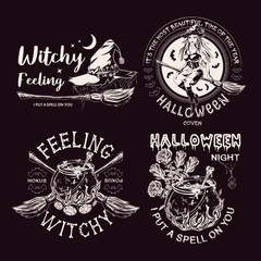 Set of halloween labels with pretty young witch, broomstick, moon, roses, cauldron, fire, witch hat, spiderweb, text, silhouette of bats. Monochrome emblems in vintage style on a black background