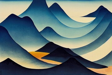 A ink painting of sea waves and mountains © LukaszDesign