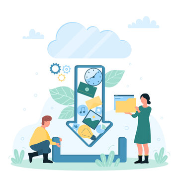 Downloading data and information from cloud vector illustration. Cartoon tiny people upload digital documents, video and music files for work or play, holding big download icon and backup folders