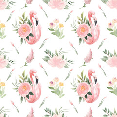 Watercolor Tropical Foliage, Flamingos, Pink Flowers, Peonies, Roses