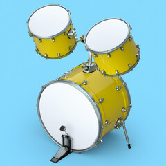 Set of realistic drums with pedal on blue. 3d render of musical instrument