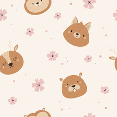 Seamless pattern with cute forest animals fox, deer, beaver and hedgehog - obrazy, fototapety, plakaty