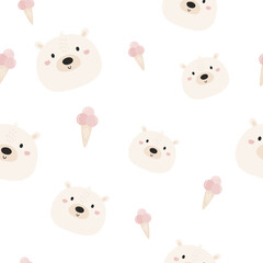 Seamless pattern with cute polar bears and ice cream