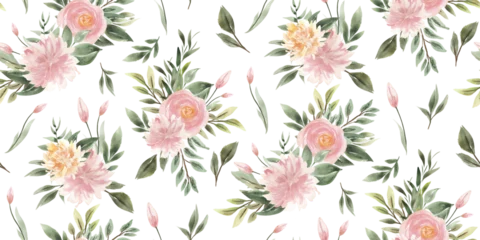 Foto auf Acrylglas Watercolor Tropical Foliage, Flamingos, Pink Flowers, Peonies, Roses © Nadi