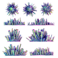 Set of iridescent isolated 3D gemstone crystals. Colorful fantasy crystals concepts. Geological 3D illustration with isolated elements and transparency. Beautiful 3D art