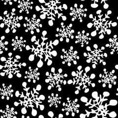 Happy new year seamless pattern with white silhouettes of large snowflakes on black. Greeting card, gift packaging., wrapping paper. Funny scrabble style collection for happy new year. 