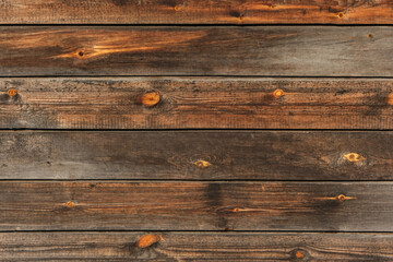 Fototapeta premium Wooden texture with horizontal lines. The texture of wood with knots and holes. The background of a wooden fence damaged by time. The texture of a tree with moss.