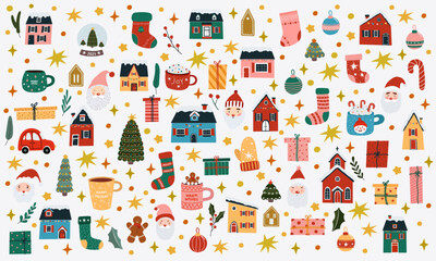 Fototapeta premium Christmas and New Year vector set. Cute winter illustrations in cartoon style.