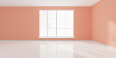 Empty white interior room with pastel salmon colored walls, window and reflective floor, modern architecture template background