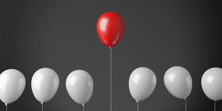 Row of white balloons with on red balloon floating above, standing out, being different or leadership concept