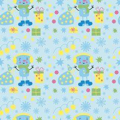 Vector seamless pattern with cute snowman, snowflakes, christmas gifts, stars, garland on light blue background. For Christmas, New Year design, nursery decoration, holidays, wrapping paper, textiles